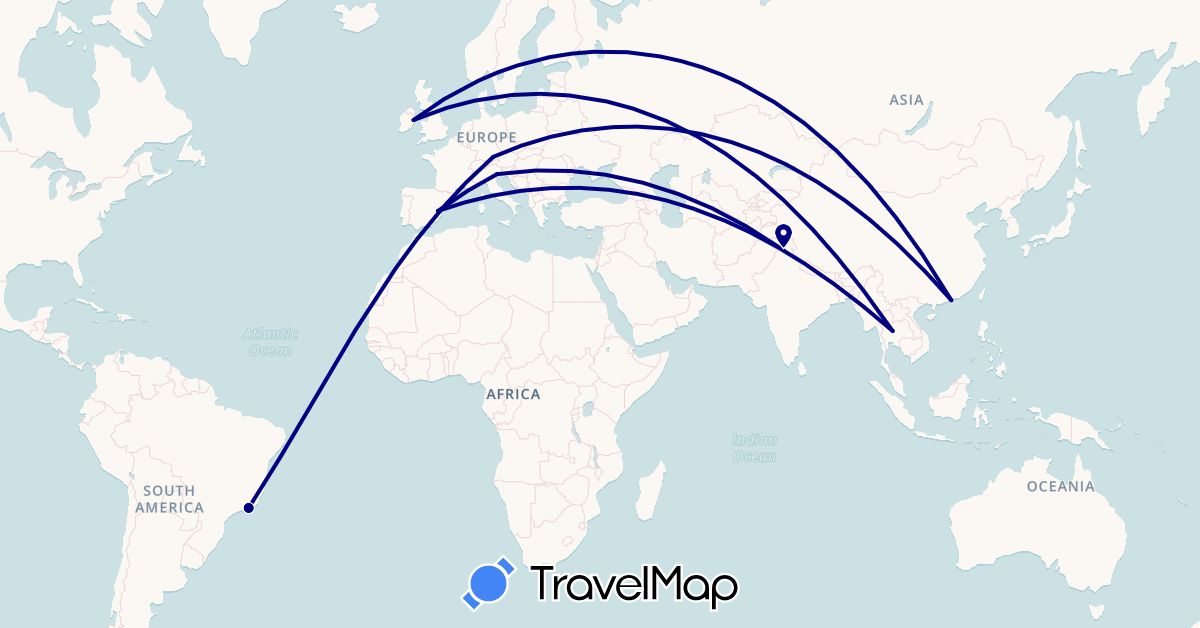 TravelMap itinerary: driving in Brazil, Germany, Spain, Hong Kong, Ireland, India, Italy, Thailand (Asia, Europe, South America)